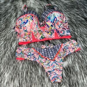 NWOT Victoria’s Secret Neon Paisley Longline Balconette Bustier 32C + S Panty